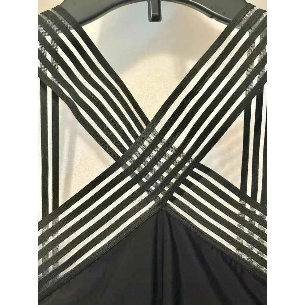 Aqua Green Black One-Piece Swimsuit Strappy Mesh Neckline Women's Large